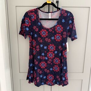 LuLaRoe Perfect T (Navy and Red Geometric Floral Top)